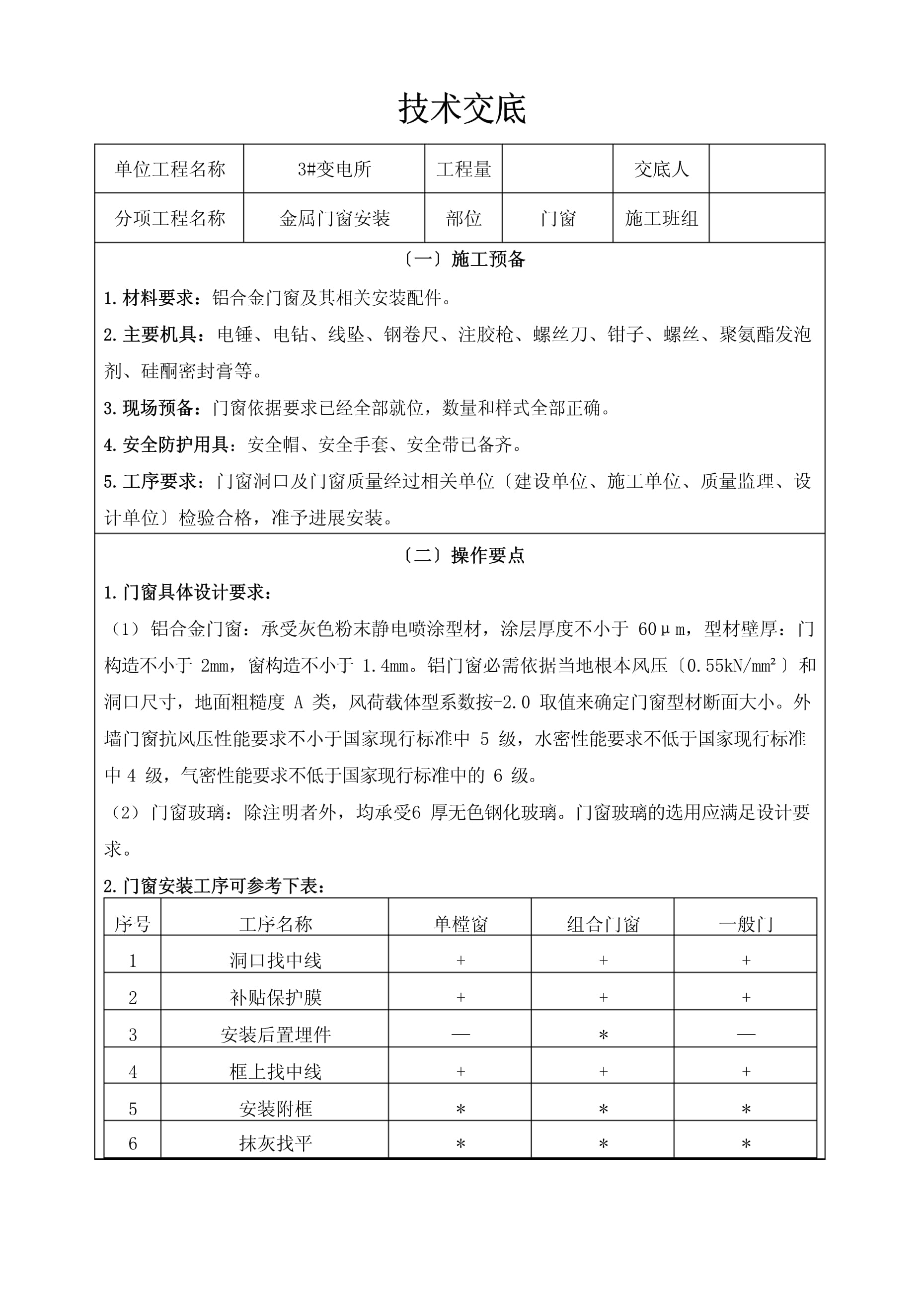 金属门窗安装技术交底